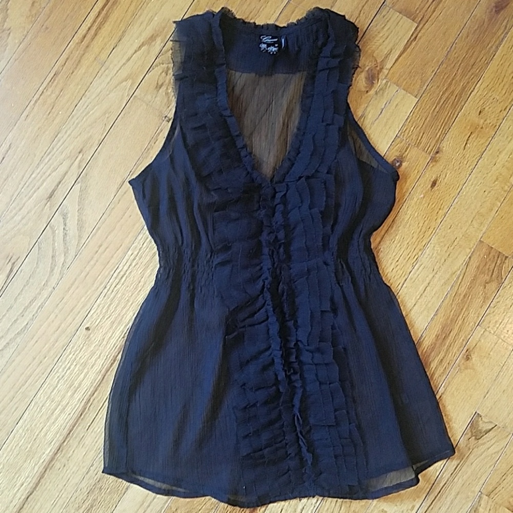 Sheer black ruffle Guess top.